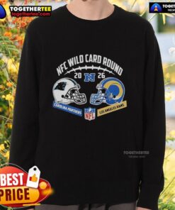 Good Carolina Panthers vs Los Angeles Rams NFC Wild Card Round sweatshirt featuring team helmets and vibrant colors.
