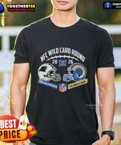 Good Carolina Panthers vs Los Angeles Rams NFC Wild Card Round helmet matchup t-shirt design featuring team logos.