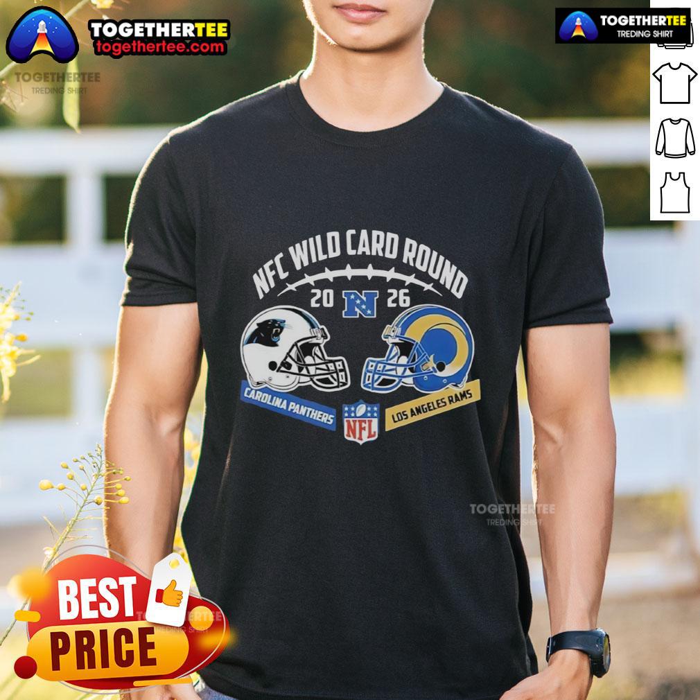 Good Carolina Panthers Vs Los Angeles Rams Nfc Wild Card Round Helmet Matchup T-Shirt Good Carolina Panthers vs Los Angeles Rams NFC Wild Card Round helmet matchup t-shirt design featuring team logos.