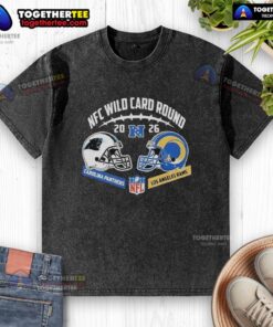 Alt Text: Good Carolina Panthers vs Los Angeles Rams NFC Wild Card Round helmet matchup on a washed t-shirt design.