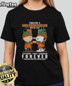 Good Charlie Brown fist bump with Snoopy, celebrating Miami Hurricanes fandom, perfect for win or lose ladies' tee.