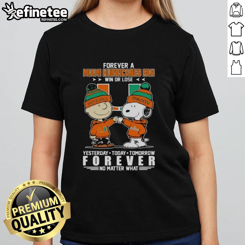 good-charlie-brown-fist-bump-snoopy-forever-a-miami-hurricanes-fan-win-or-lose-no-matter-what-ladies-tee Good Charlie Brown fist bump with Snoopy, celebrating Miami Hurricanes fandom, perfect for win or lose ladies' tee.