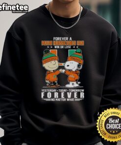 Good Charlie Brown and Snoopy fist bump in Miami Hurricanes sweatshirt, showcasing unwavering fan spirit win or lose.