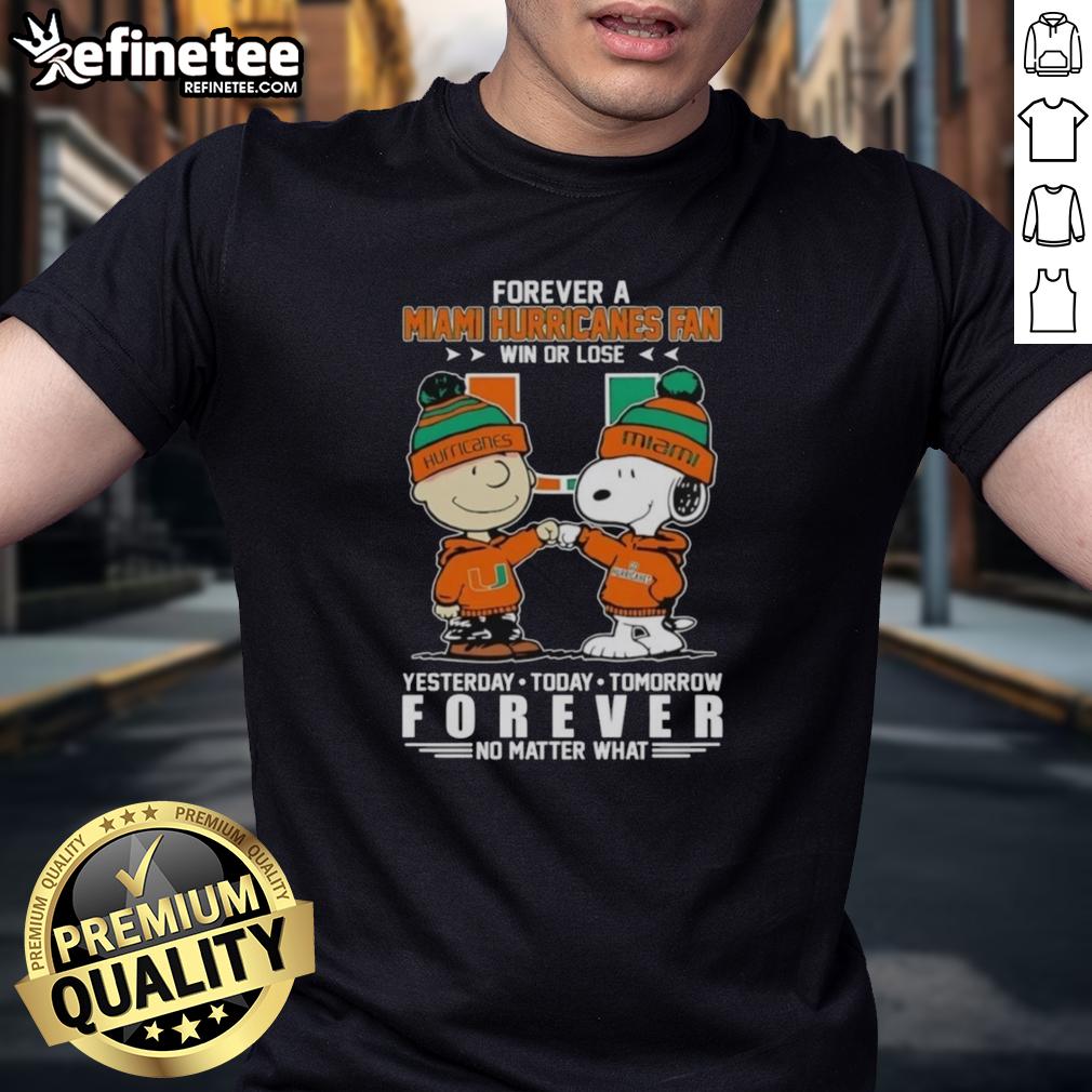 good-charlie-brown-fist-bump-snoopy-forever-a-miami-hurricanes-fan-win-or-lose-no-matter-what-t-shirt-1 Good Charlie Brown fist bump with Snoopy, Miami Hurricanes fan T-shirt, win or lose, shows team spirit and loyalty.