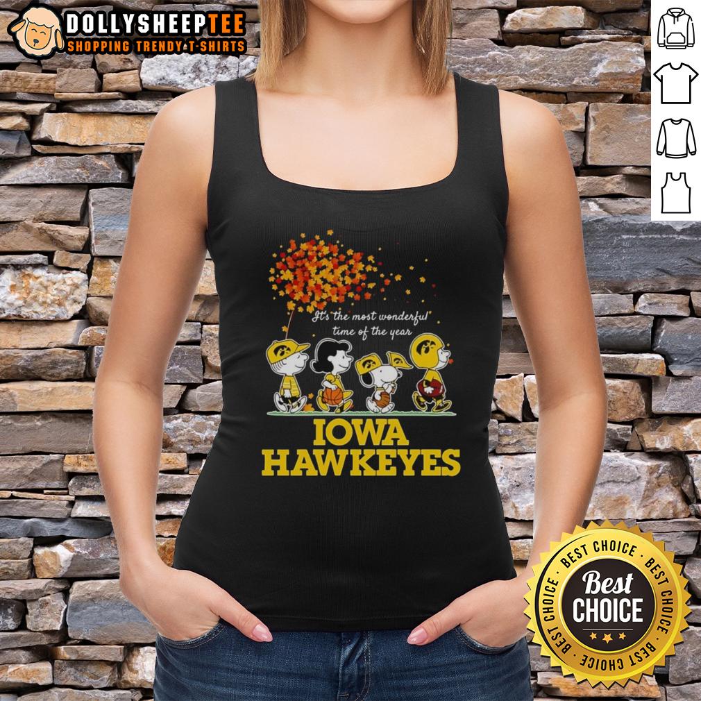 Good Charlie Brown Sally Brown Snoopy Woodstock Iowa Hawkeyes It's The Most Wonderful Time Of The Year Tank Top Good Charlie Brown, Sally Brown, Snoopy, and Woodstock in Iowa Hawkeyes tank top, celebrating the festive season.