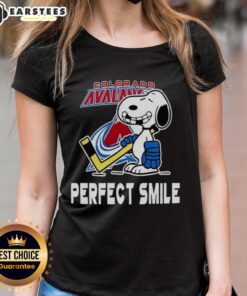 Good Colorado Avalanche Hockey Snoopy tee featuring a perfect smile, ideal for female fans and sports enthusiasts.