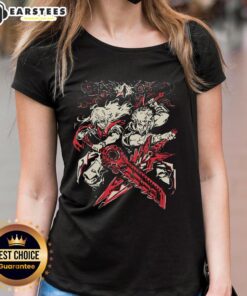 Alt Text: Anime ladies tee featuring stylish crossing blades design, perfect for fans of anime fashion and unique graphic tees.