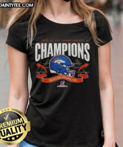 Alt Text: 2025-26 Denver Broncos AFC Championship Champions big helmet graphic on ladies tee shirt.