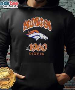 Alt Text: Stylish and comfortable Good Denver Broncos helmet relaxed graphic hoodie for fans and casual wear.