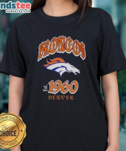 Good Denver Broncos helmet graphic on a relaxed fit ladies tee, perfect for fans showing team spirit.