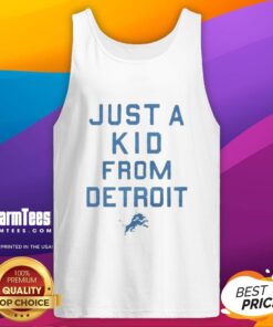 Kid wearing a 'Just a Kid from Detroit' tank top, showing support for the Detroit Lions in a vibrant outdoor setting.