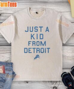 Alt Text: Good Detroit Lions Just A Kid From Detroit washed t-shirt featuring team logo and vibrant colors.