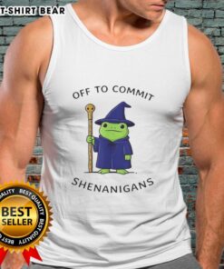 Good Frog Wizard tank top featuring a whimsical quote about mischief and adventures in a vibrant design.