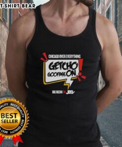 Model wearing a Good-Getcho-Goofass-On-Chicago-Over-Everything tank top, showcasing vibrant design and urban style.
