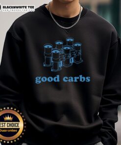 Alt Text: Navy sweatshirt with 'Good Good Carbs' resolution graphic, perfect for a stylish and motivational workout outfit.