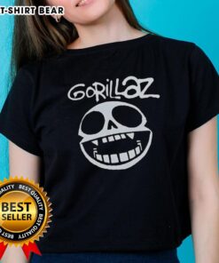 Alt Text: Good Gorillaz Band Skull Logo on a stylish ladies tee, perfect for fans of alternative music and unique fashion.