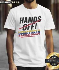 Good Hands Off Red Line Venezuela T-Shirt featuring bold graphics promoting Venezuela's sovereignty and rights.