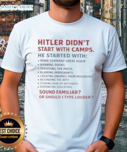 Good Hitler Didn't Start With Camps T-Shirt featuring bold text, perfect for provocative discussions on history and society.