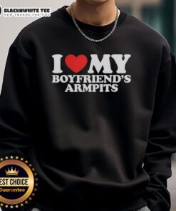 Cozy red sweatshirt with 'Good I Love My Boyfriend's Armpits' text, perfect for casual wear and expressing love.