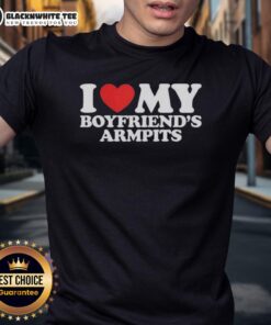 Alt Text: Good I Love My Boyfriend's Armpits Red Heart T-Shirt design featuring a playful heart graphic and stylish font.