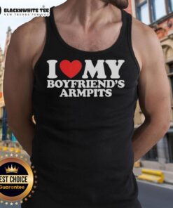 Girl wearing a 'Good I Love My Boyfriend's Armpits' red heart tank top, expressing love and humor in casual style.