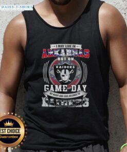 Tank top featuring 'Good I May Live In Arkansas But On Game Day My Heart And Soul Belongs To Las Vegas Raiders Football' design.
