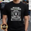 California fan wearing Las Vegas Raiders football T-shirt, showcasing loyalty on game day.