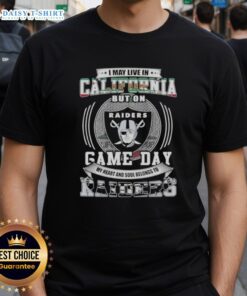 California fan wearing Las Vegas Raiders football T-shirt, showcasing loyalty on game day.