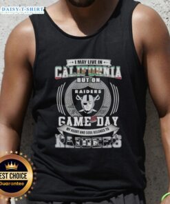 Women's tank top featuring 'Good I May Live In California But My Heart Belongs To Las Vegas Raiders Football' design.