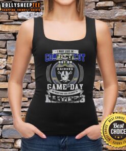 Alt Text: Woman wearing a Las Vegas Raiders football tank top, showcasing pride for her team despite living in Connecticut.