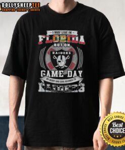 Alt Text: Florida fan wearing a Las Vegas Raiders football t-shirt, showcasing team spirit on game day.