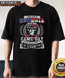 Game Day T-Shirt: 'Good I May Live In Georgia But My Heart Belongs To Las Vegas Raiders Football' in bold design.