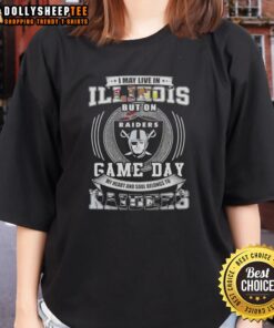 Illinois fan wearing a ladies tee supporting Las Vegas Raiders football on game day, showcasing team pride and spirit.