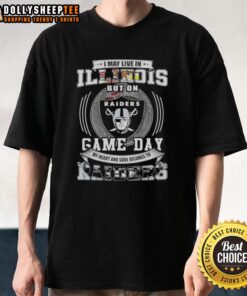 Illinois resident wearing a Las Vegas Raiders football T-shirt, showcasing team pride on game day.