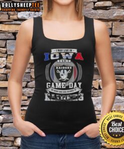 Stylish tank top featuring 'Good I May Live In Iowa But On Game Day My Heart Belongs To Las Vegas Raiders Football' design.