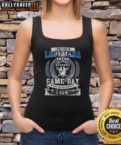Game day tank top featuring 'Good I May Live in Louisiana But My Heart Belongs to Las Vegas Raiders Football' design.