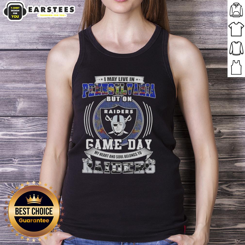 good-i-may-live-in-pennsylvania-but-on-game-day-my-heart-and-soul-belongs-to-las-vegas-raiders-football-tank-top Alt Text: Woman wearing a Raiders football tank top, showing team pride for Las Vegas Raiders on game day in Pennsylvania.