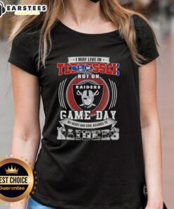 Lady wearing a tee that says 'Good I May Live In Tennessee But On Game Day My Heart Belongs To Las Vegas Raiders Football.'