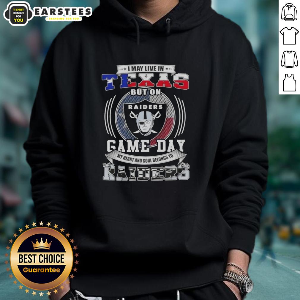 good-i-may-live-in-texas-but-on-game-day-my-heart-and-soul-belongs-to-las-vegas-raiders-football-hoodie Fan wearing a Las Vegas Raiders football hoodie, showcasing team pride on game day in Texas.