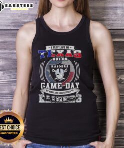 Game day tank top featuring 'I may live in Texas, but my heart belongs to Las Vegas Raiders' design.