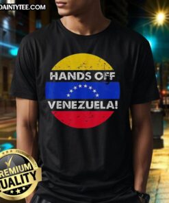 Good I Stand With Hands Off Venezuela Flag Circle Retro T-Shirt showcasing a bold design and vibrant colors.