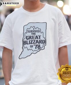 Good I Survived The Great Blizzard Of '78 Indiana Outline T-Shirt featuring a retro design and bold text for winter enthusiasts.