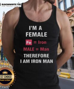 Female Iron Man tank top featuring the phrase 'I am Iron Man' in bold graphic design, perfect for superhero fans.