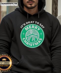 Good It's Okay To Say Merry Christmas logo hoodie featuring festive design and vibrant colors for holiday cheer.