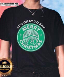 Good It's Okay To Say Merry Christmas logo on a stylish ladies tee, perfect for festive holiday wear.