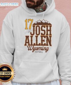 Good Josh Allen Wyoming Cowboys football hoodie with mountain graphic and signature, perfect for fans and outdoor enthusiasts.