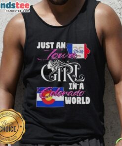 Alt Text: Iowa girl in a Colorado world tank top, showcasing a stylish look with a vibrant graphic design, perfect for casual wear.