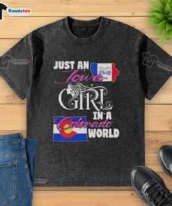 Good Just An Iowa Girl In A Colorado World washed t-shirt in a casual outdoor setting, perfect for relaxed style.