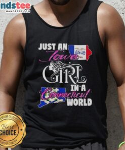 Alt Text: Woman wearing a Good Just An Iowa Girl In A Connecticut World tank top, showcasing her unique style and pride.
