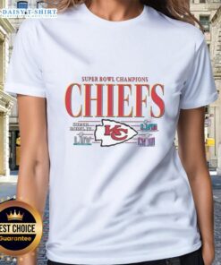 Vintage Kansas City Chiefs NFL Super Bowl Champions logo on a ladies tee shirt, celebrating team championships.